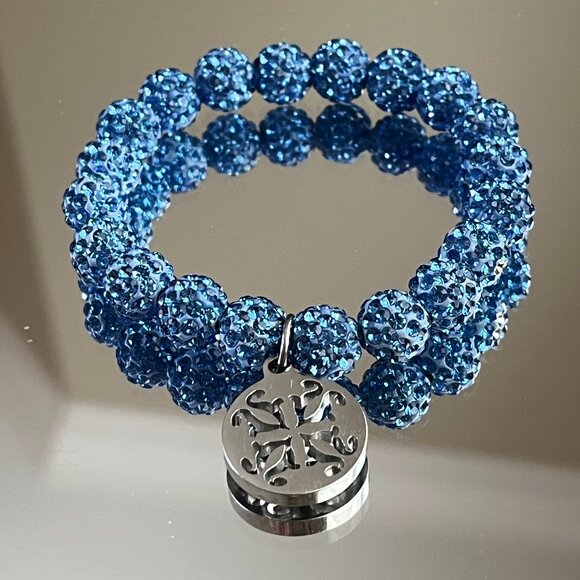 Rustic Cuff Metal Stainless Steel Shambala Beaded Stretch Bracelet Lt Blue - Picture 2 of 3